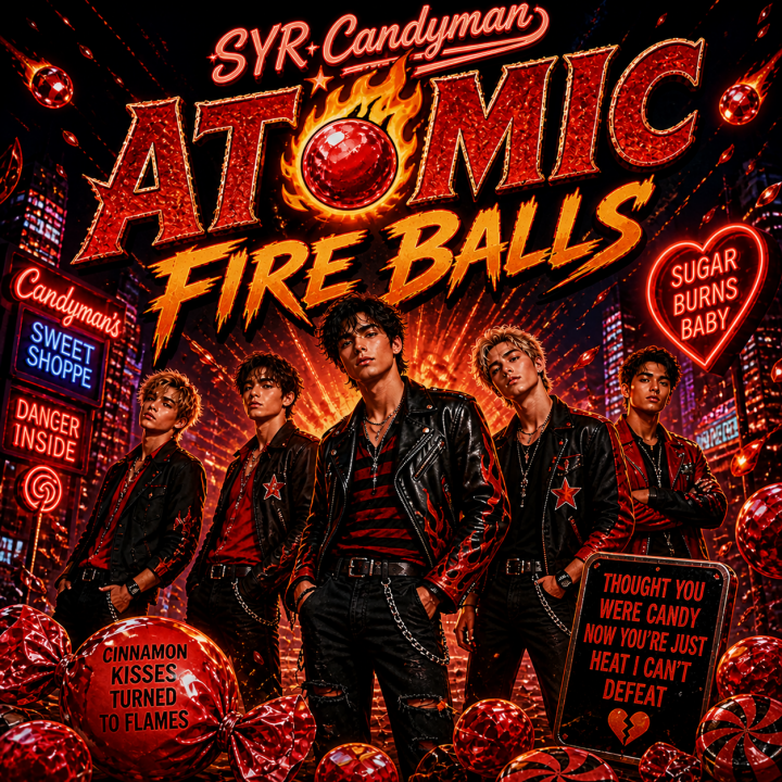 Atomic Fire Balls Album Cover with a boy band 