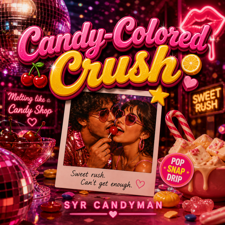 Candy-Colored Crush album art - a polaroid picture of a guy and girl sharing a lollipop surrounded by sweets and candies