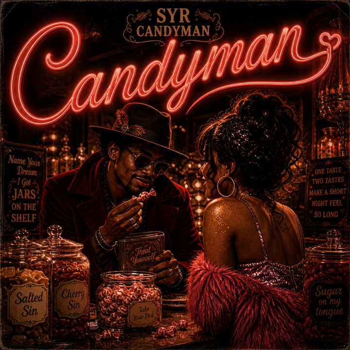 Candyman Album Cover man on the candy counter offer candy to a beautiful woman