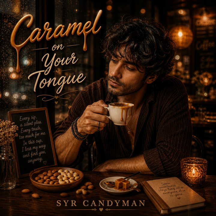Caramel on Your Tongue Album art - man in coffee shop sipping from a mug with caramel on the plate