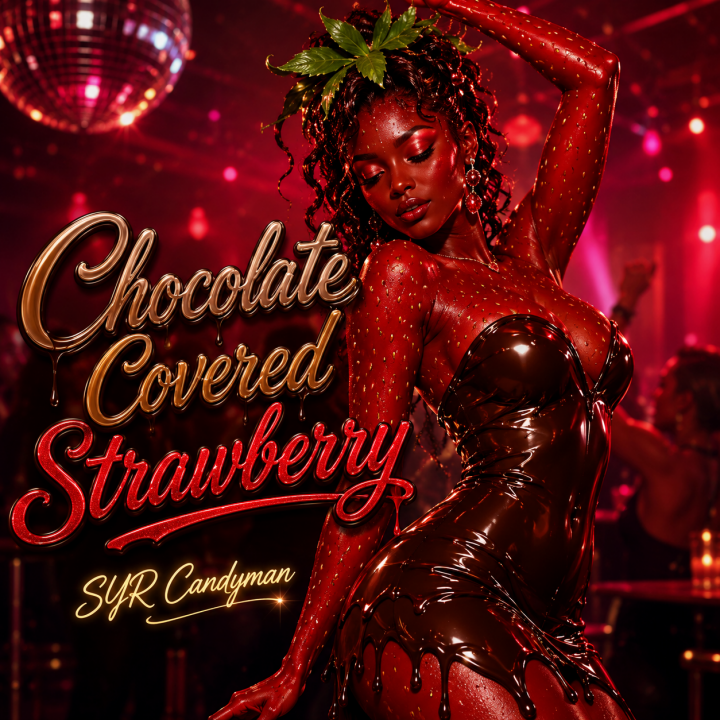 Chocolate Covered Strawberry album art - girl dressed like a chocoalte covered strawberry dancing in the club