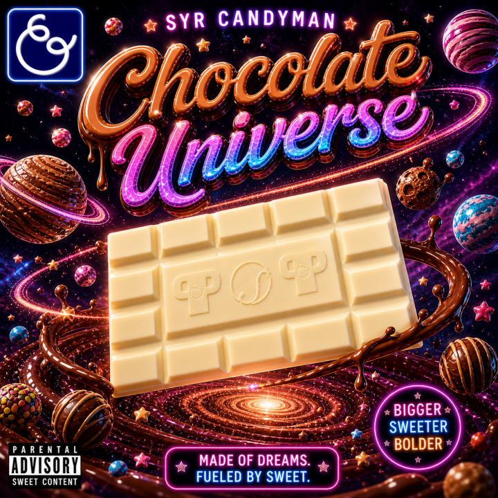 Chocolate Universe Album Cover - Chocolate bar floating in space and planets are all made of candy