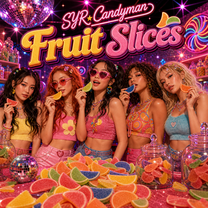 Fruit Slices Album Cover - girl group enjoy candy fruit slices in a club