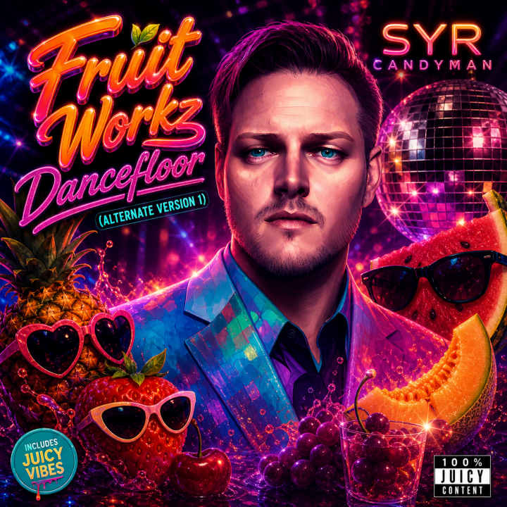 Fruit Workz Dancefloor (Alternate Version 1) Album Cover with an image of fruits wearing sunglasses and SYR Candyman with a mirrorball