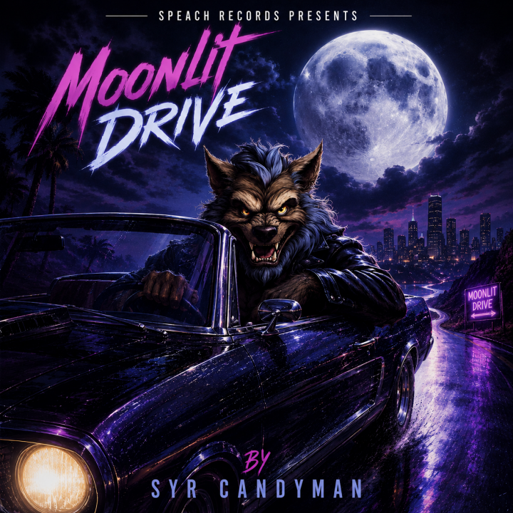 Moonlit Drive Album art a werewolf driving a convertible with the city in the background