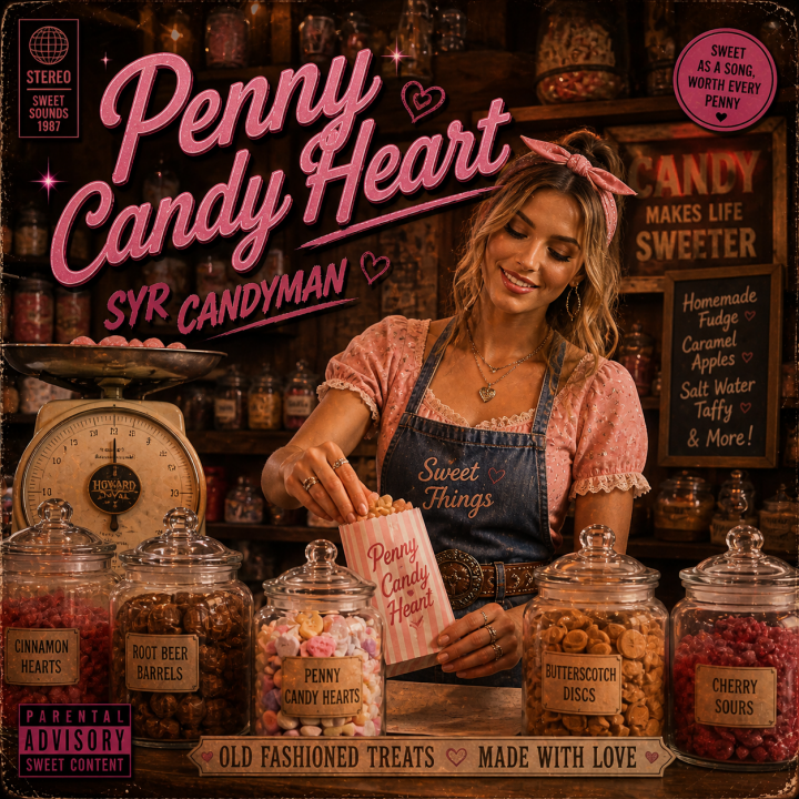 Penny Candy Heart album art - image of retro candy store with glass jars and girl filling a paper bag
