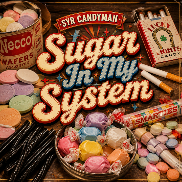 Sugar In My System album art - retro candy smarties, licorice, candy cigarettes, taffy