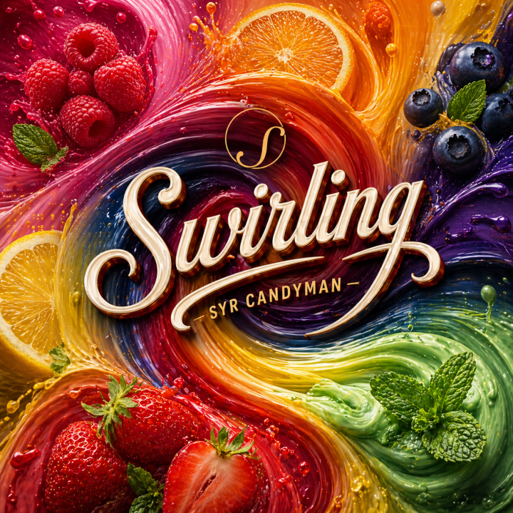 Swirling Album Art - swirling colors of green, blue, orange, pink, red and yellow mixed with various fruits and a sprig of mint
