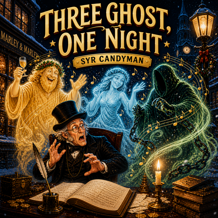Three Ghosts, One Night album cover - the three ghosts from A Christmas Carol, past, present and future with a scared Scrooge