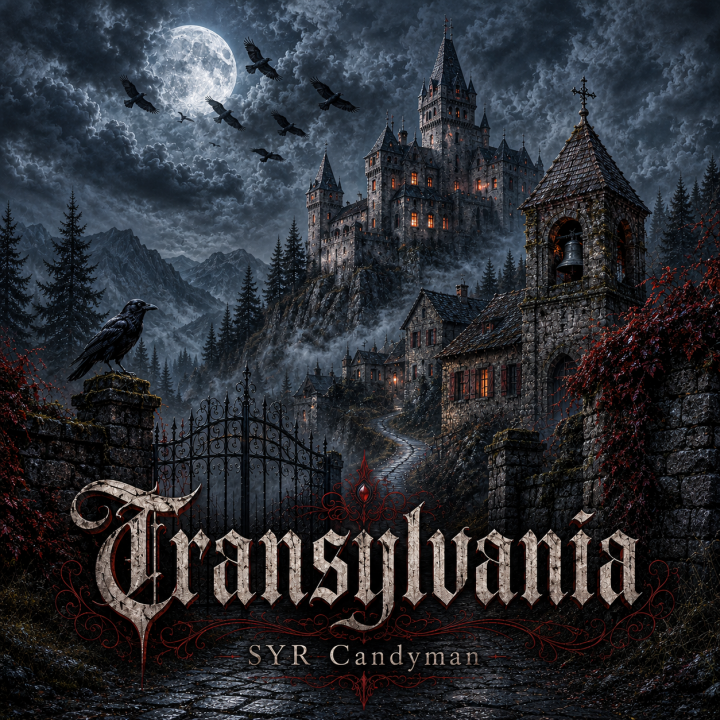 Transylvania album art - gothic castle on a hill at nighttime