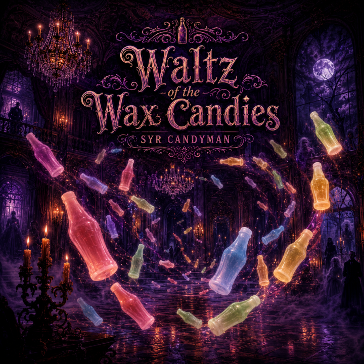 Waltz of the Wax Candies album art - a haunted ballroom with wax bottles floating