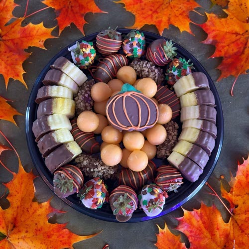 Fall Fruit Tray on table with Fall leaves