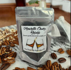 amarettocheers bag on countertop with pecans